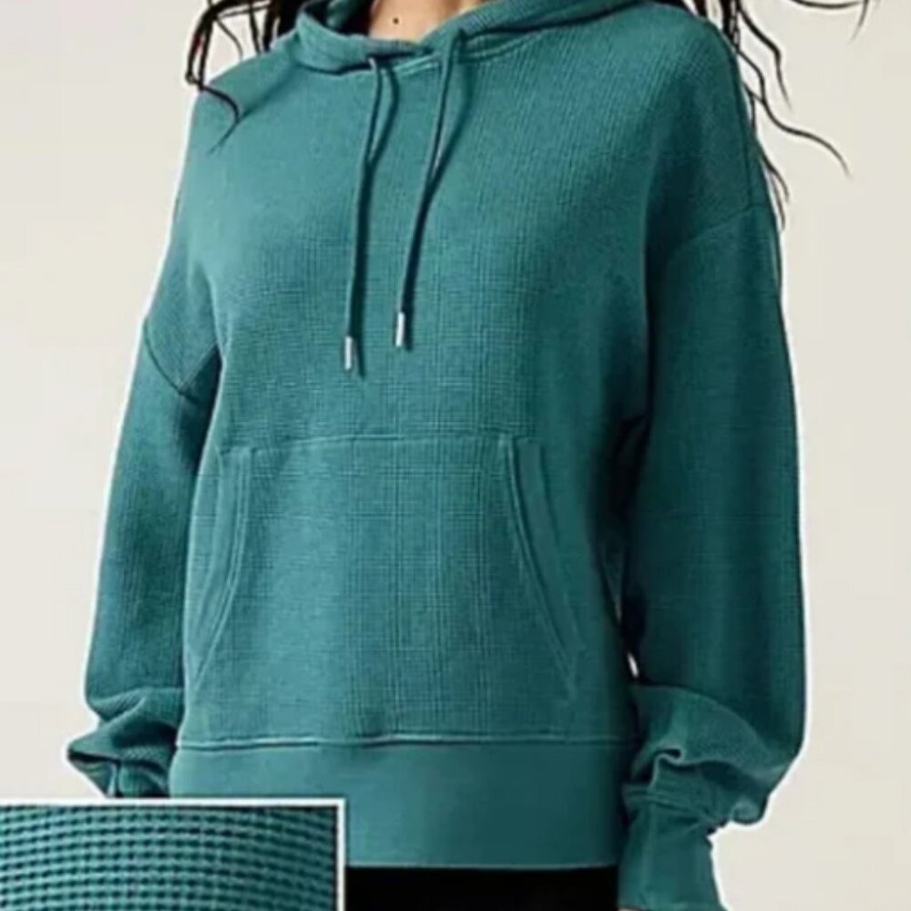 Athleta TALL Blue Teal Waffle Knit Pullover Hoodie  Pocket Drawstring S/M